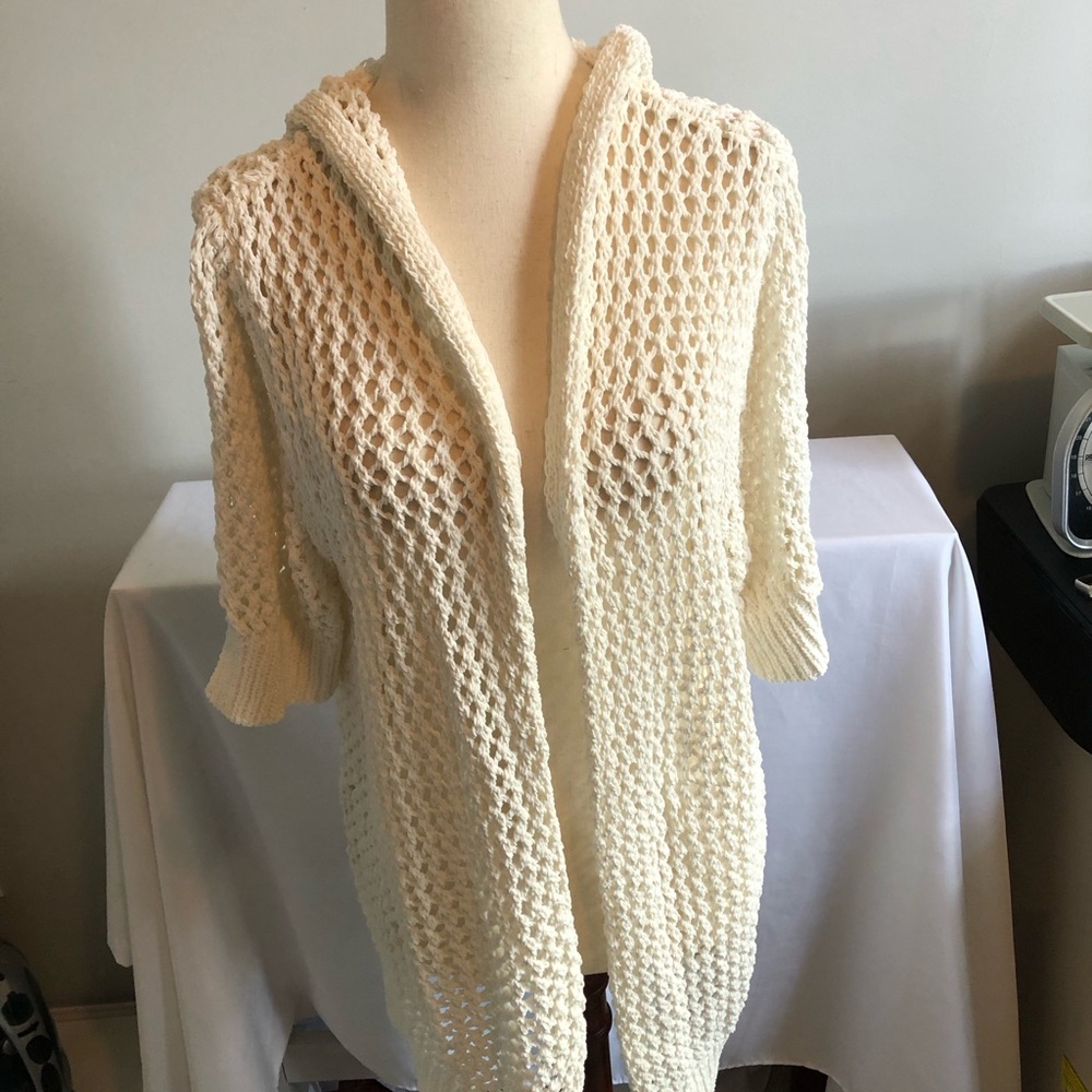 Nicole Miller Cream Hooded Open-Knit Cardigan